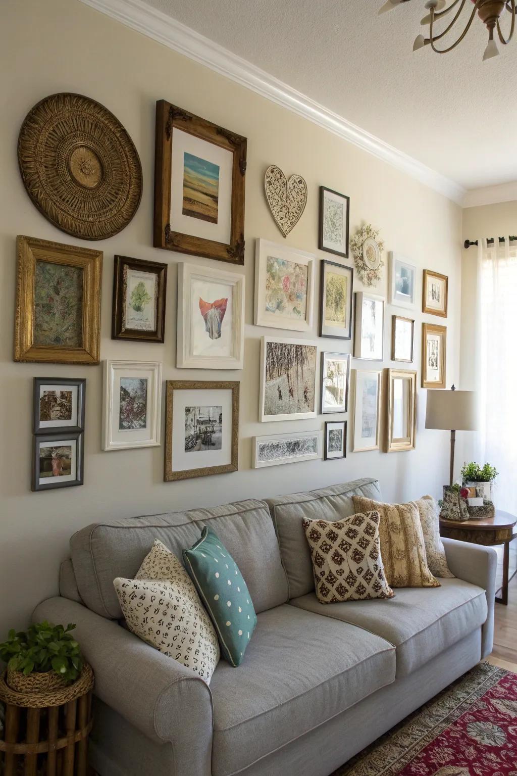 Create visual interest with an asymmetrical photo wall layout.