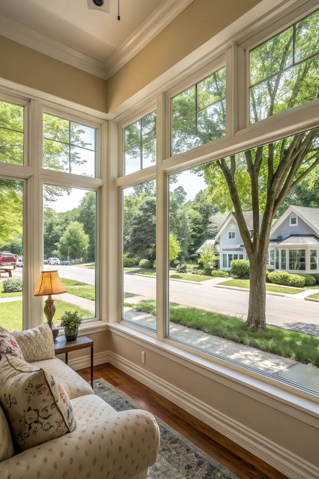 A living room with casement windows inviting a fresh breeze and natural light.