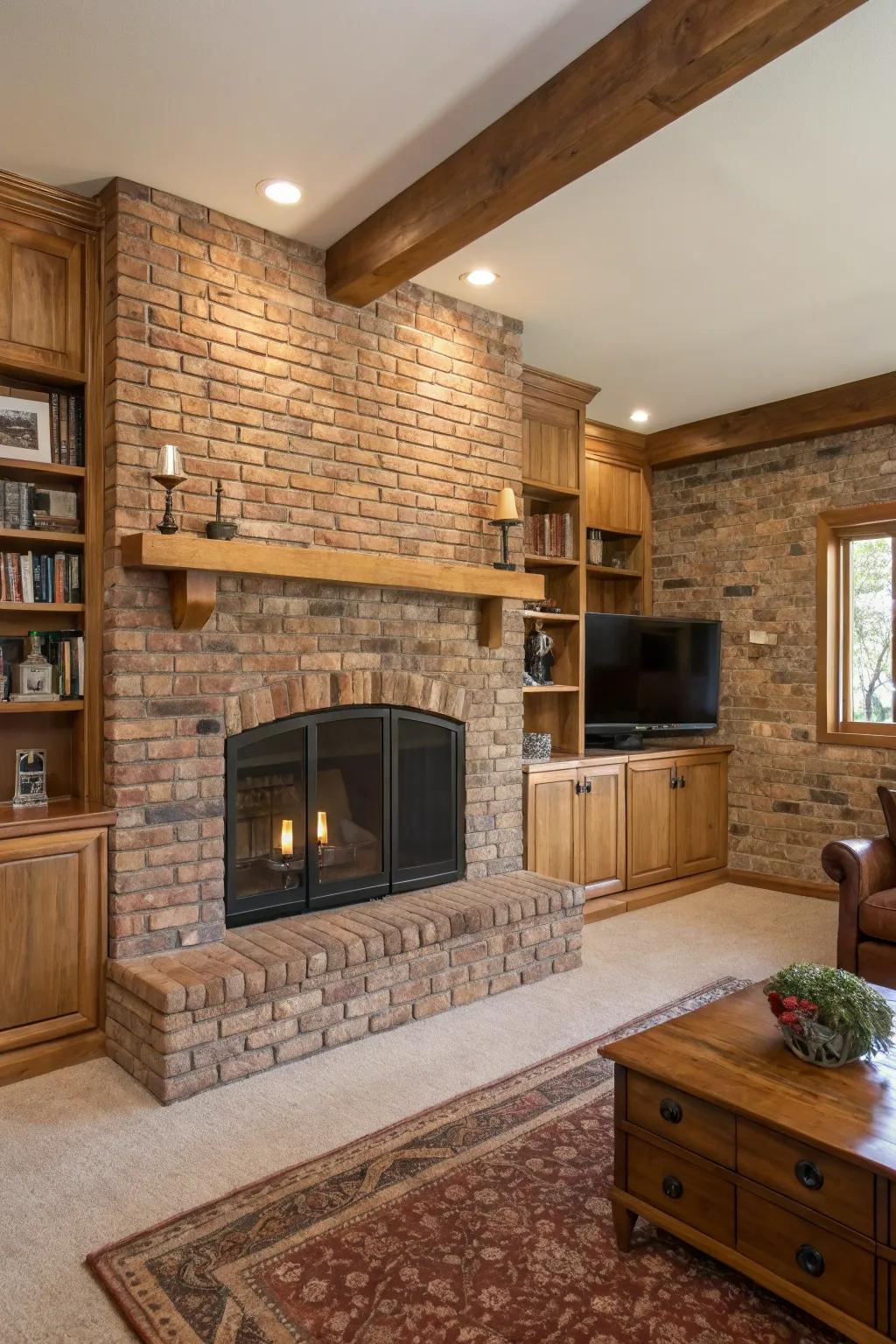 A living room featuring a brick fireplace with natural wood accents.