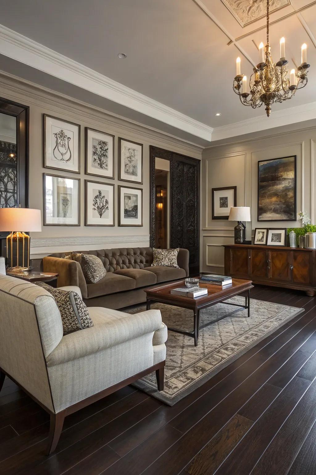 A mix of modern and classic elements enhances dark wood floors.