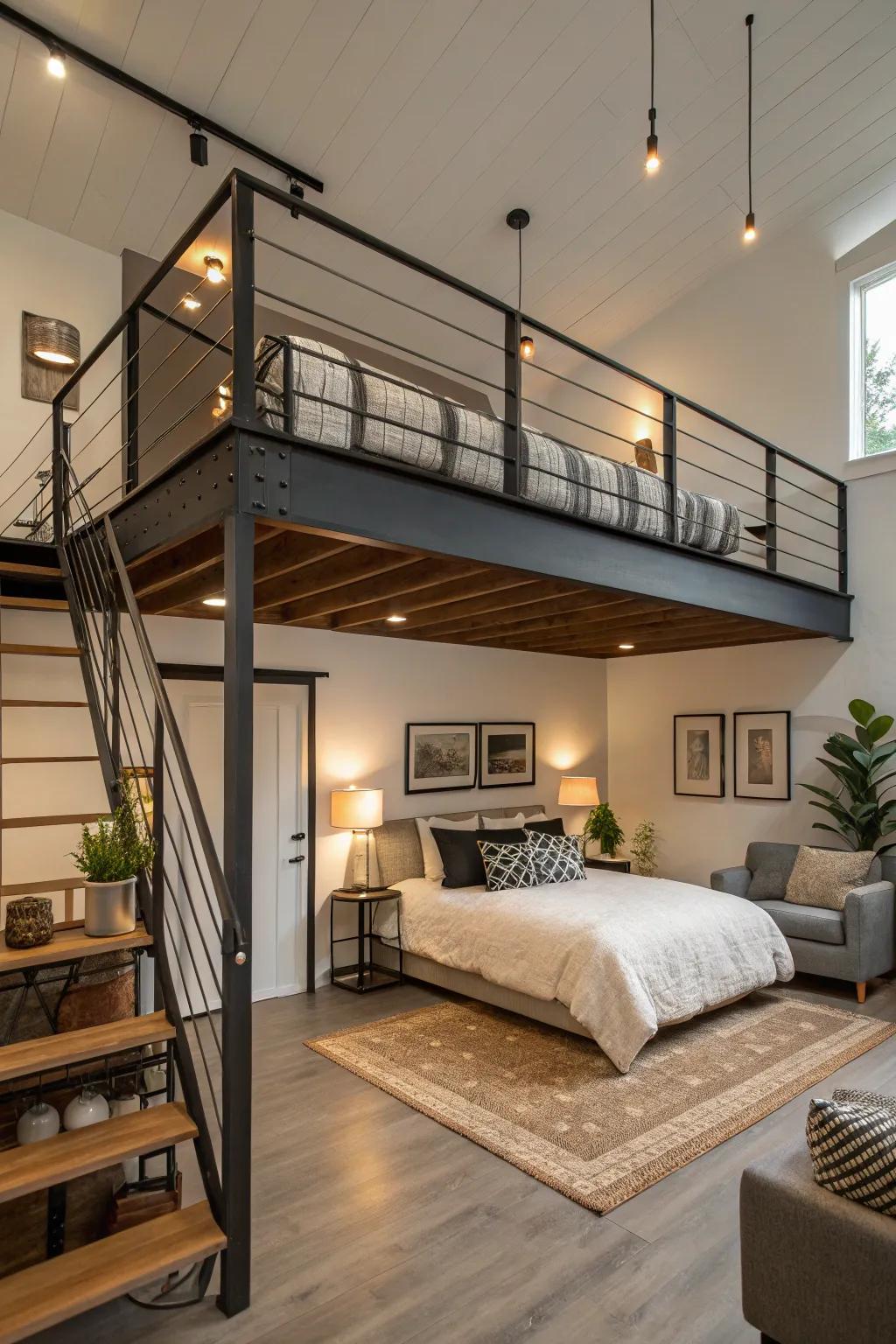 A stylish mezzanine adds depth and function.