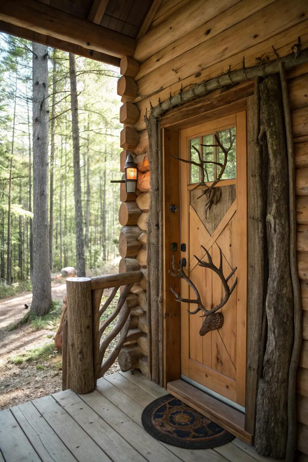 A log cabin door with antlers and branches as part of the design.