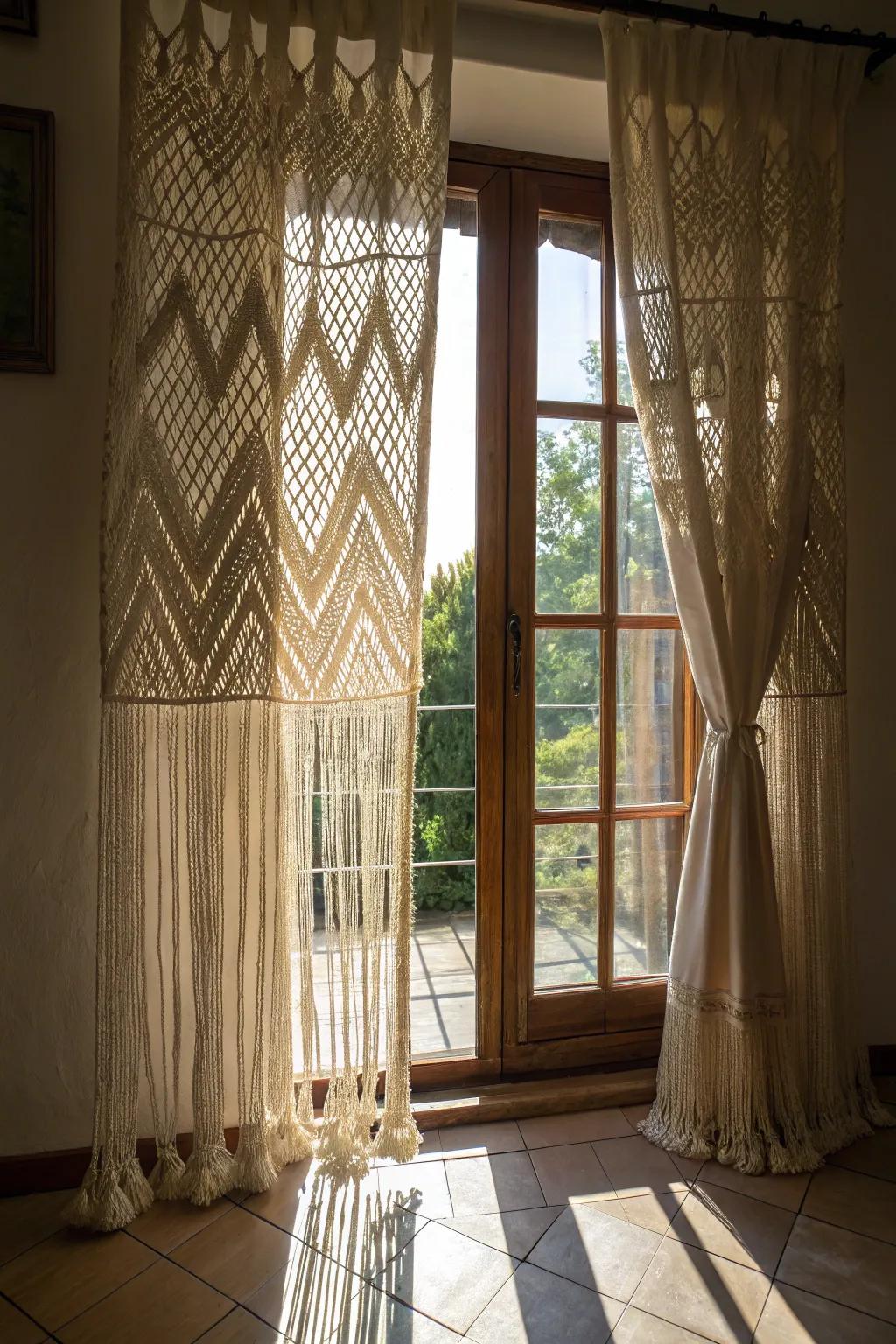 Macrame curtains adding a soft, romantic touch to a bedroom.