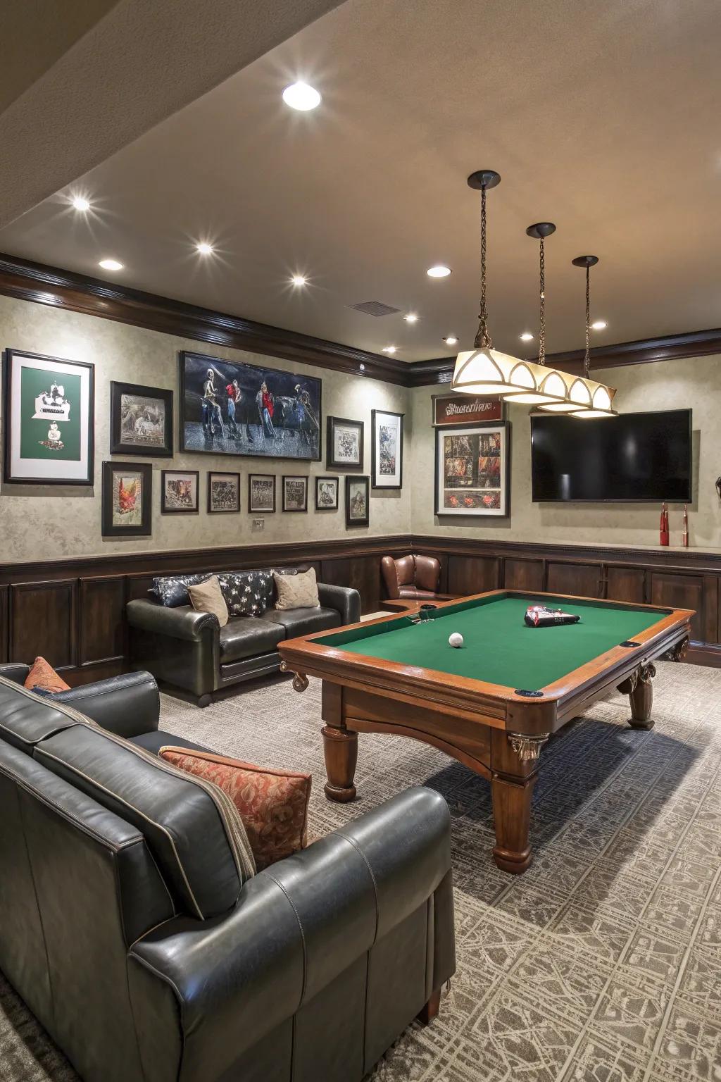 A pool table adds a playful element to the man cave.