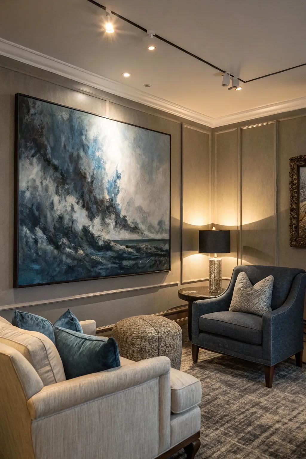 A large abstract painting adds intrigue and character to the den.