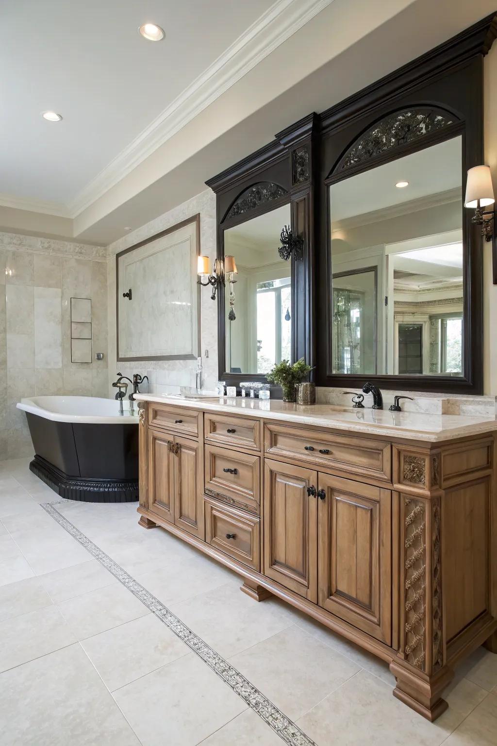 A master bathroom featuring contrasting dark and light wood vanities.