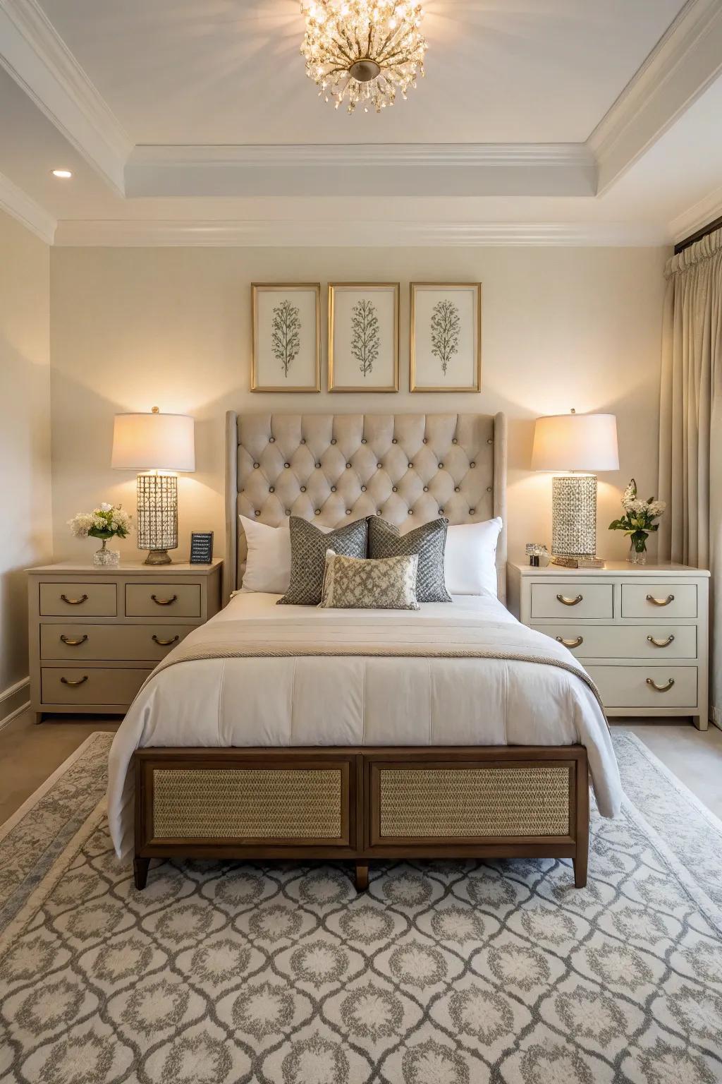 Symmetrical nightstands bring harmony and function to the bedroom.