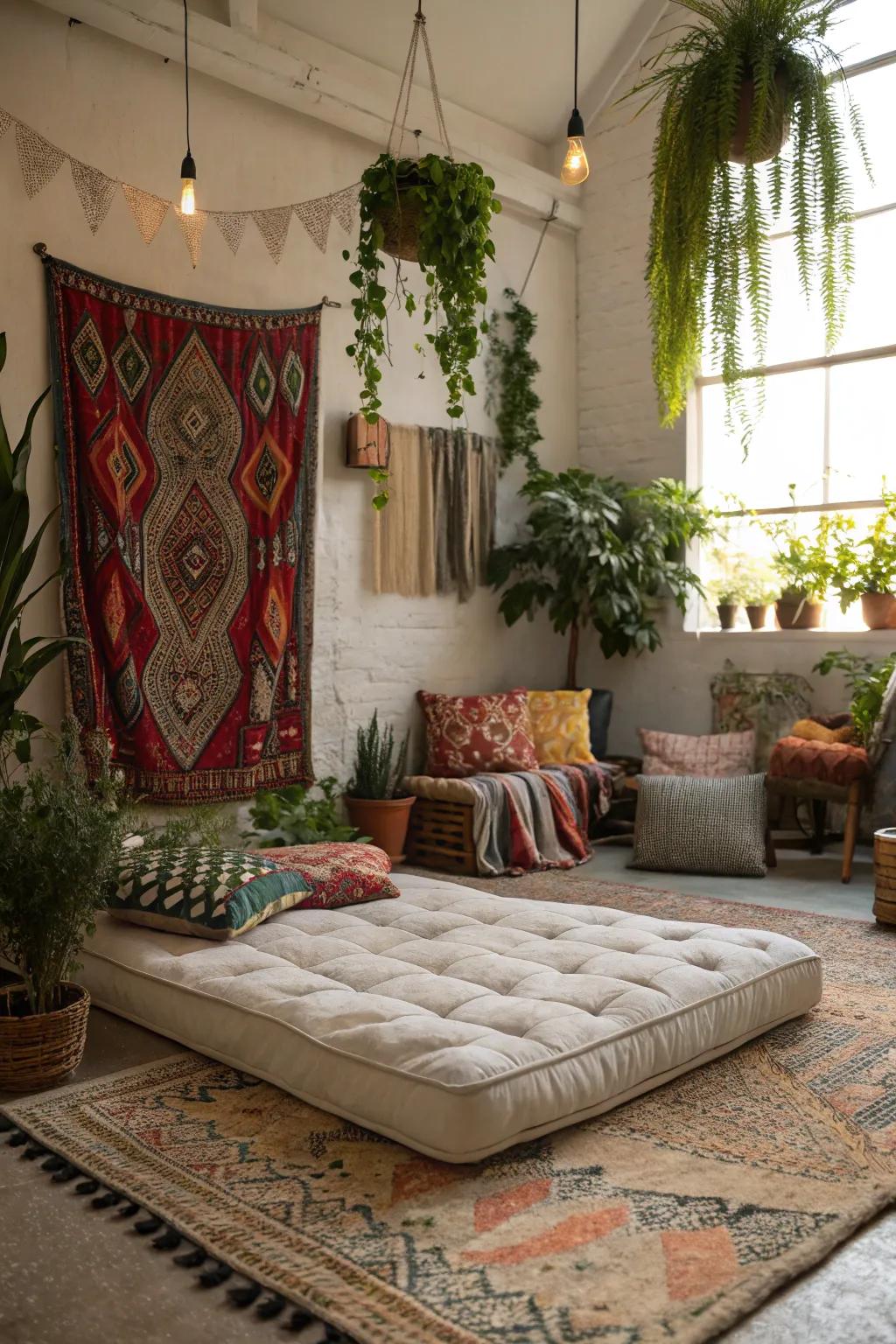 Embrace boho vibes with plants and bold fabrics.