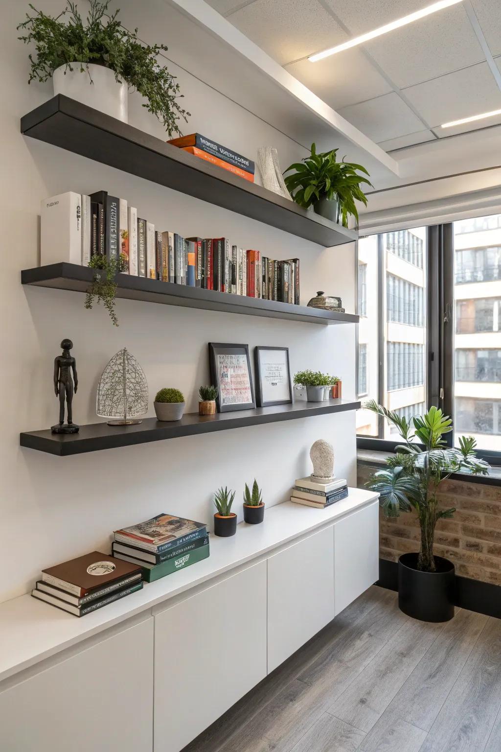 Floating shelves offer stylish storage solutions without taking up floor space.