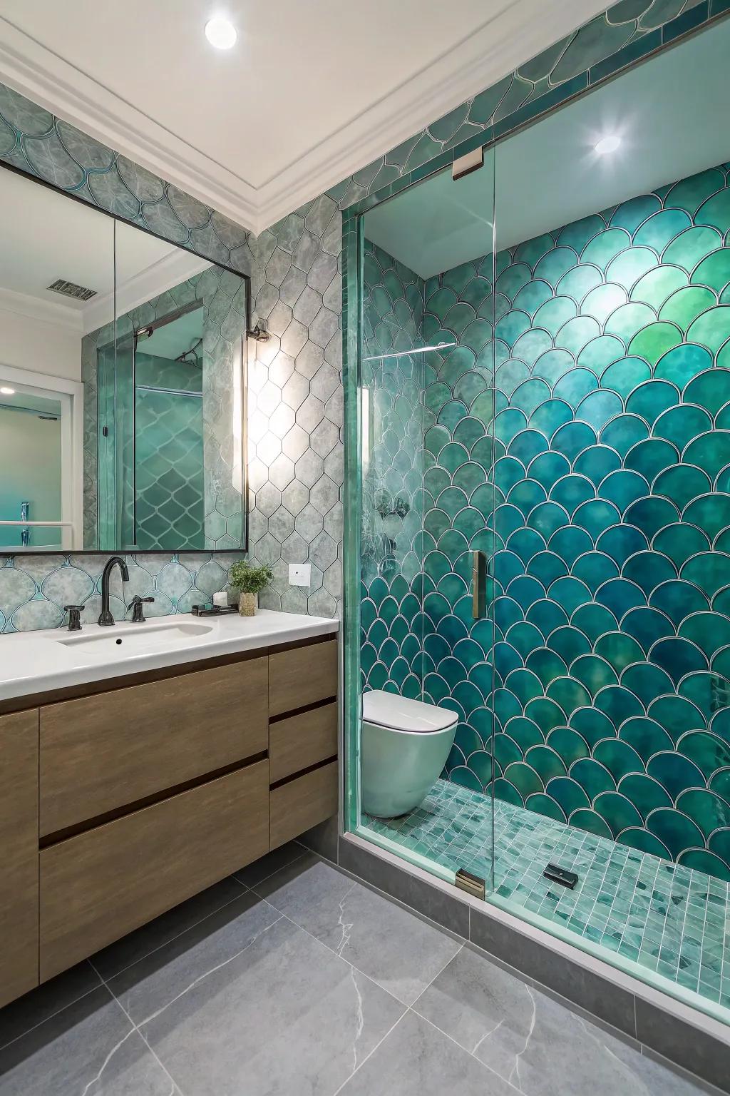 Mermaid scale tiles create a captivating and dynamic wall feature.