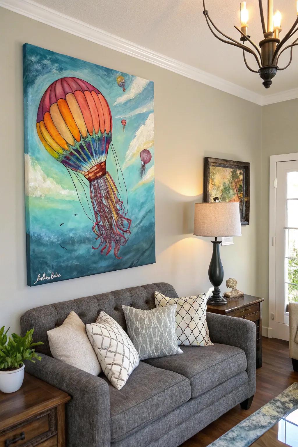 A hot air balloon floats into a jellyfish, bringing whimsy to your home.