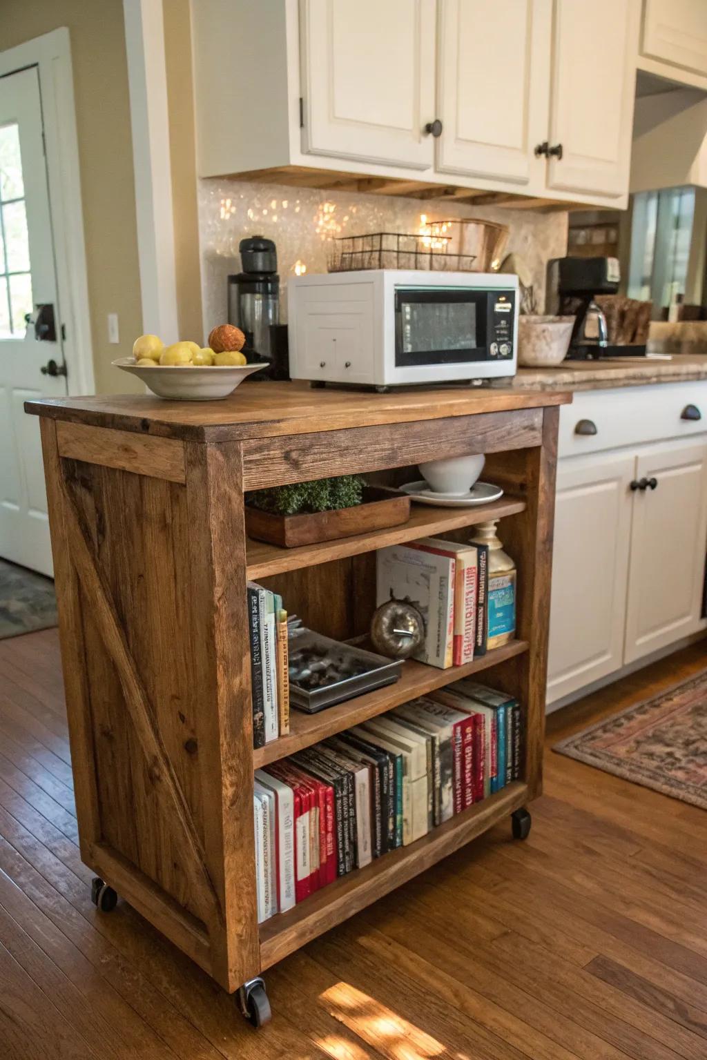 Add charm with a rustic wood microwave cart.