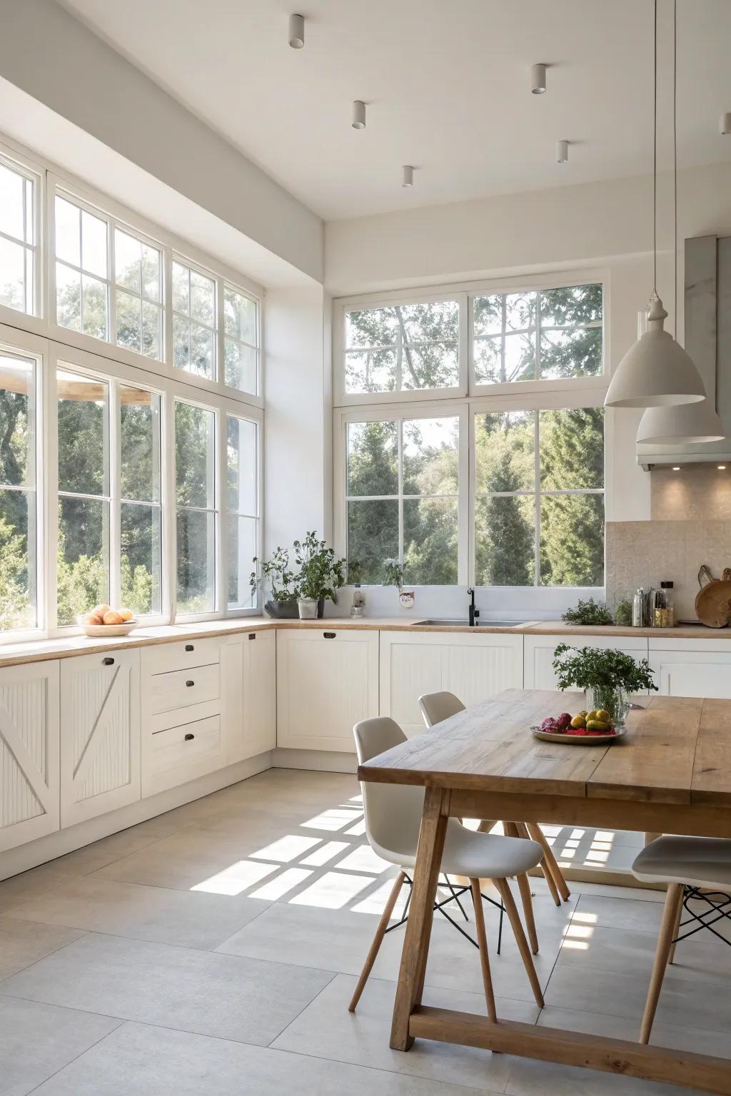 Natural light flooding into a minimalist kitchen, creating an open and airy atmosphere.