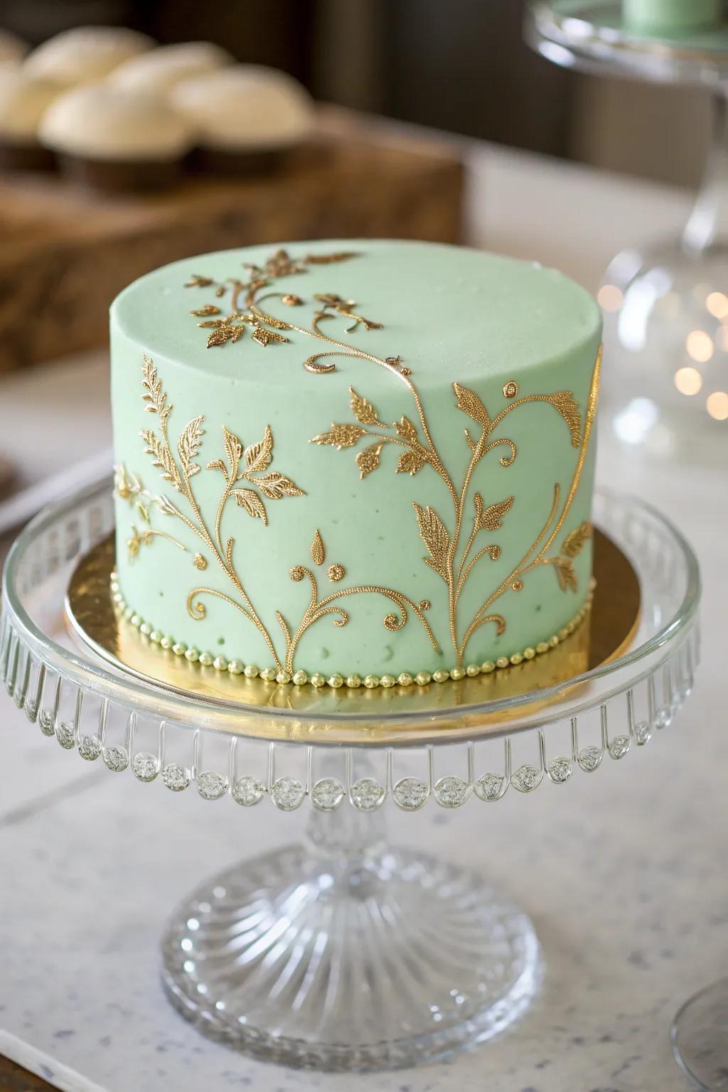 A mint green cake with luxurious gold accents.