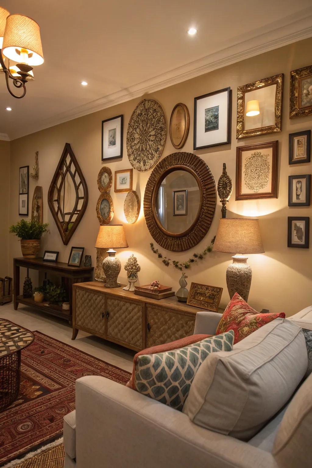 An eclectic mirror gallery wall adds personality to the living room.