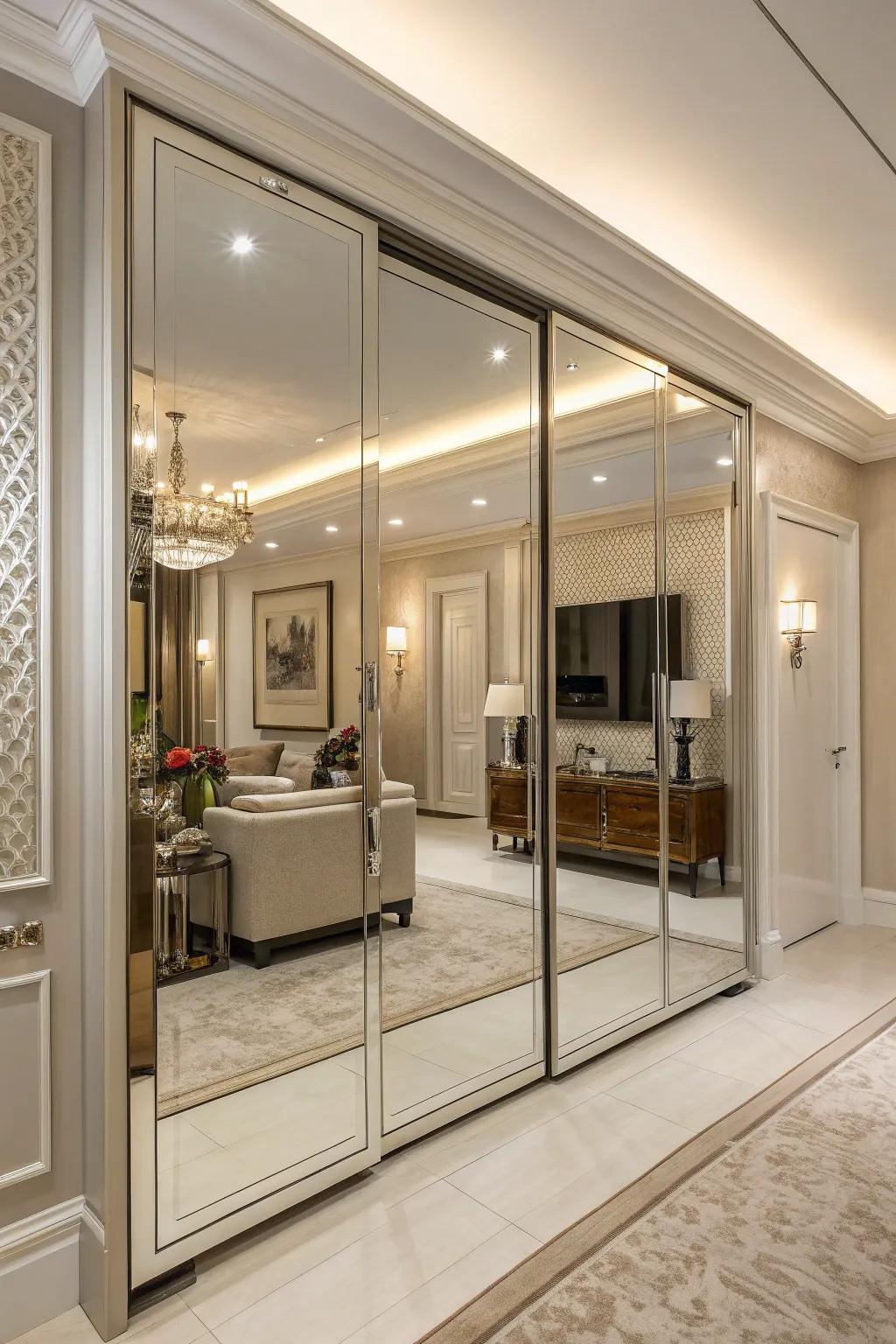 Achieve a modern look with frameless mirrored doors.