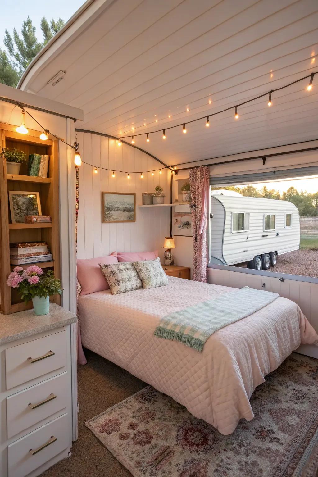 A well-decorated extra bedroom addition to a mobile home, offering additional living space.