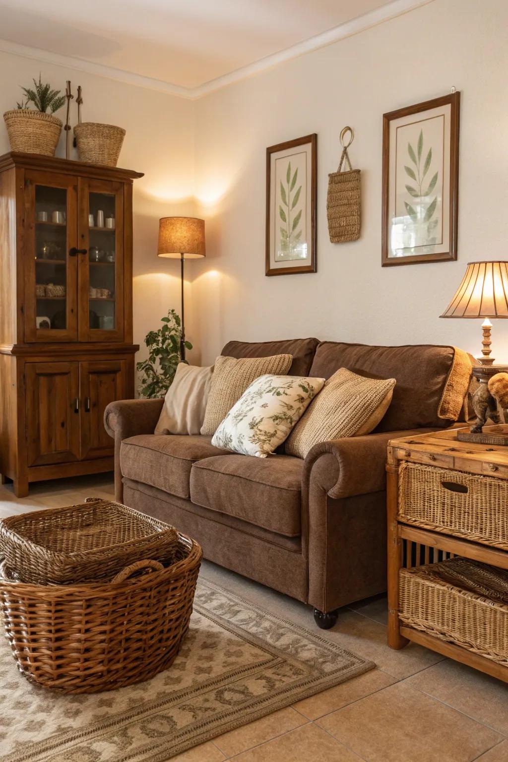 Natural materials like wood and wicker add texture to the mocha couch setting.