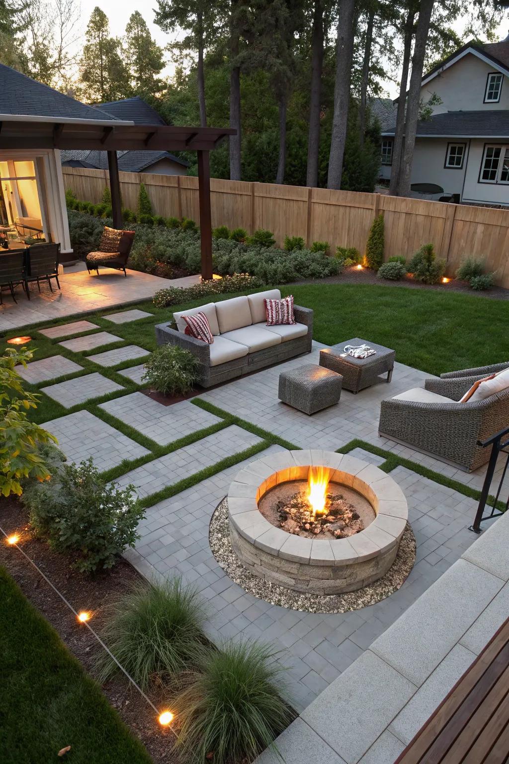 A modern backyard centered around a stylish fire pit.