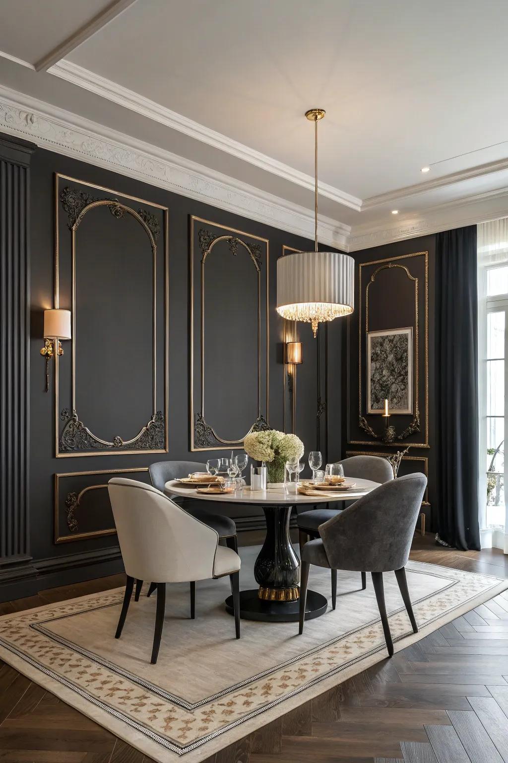 Dining room with tall baseboards for an elegant touch.