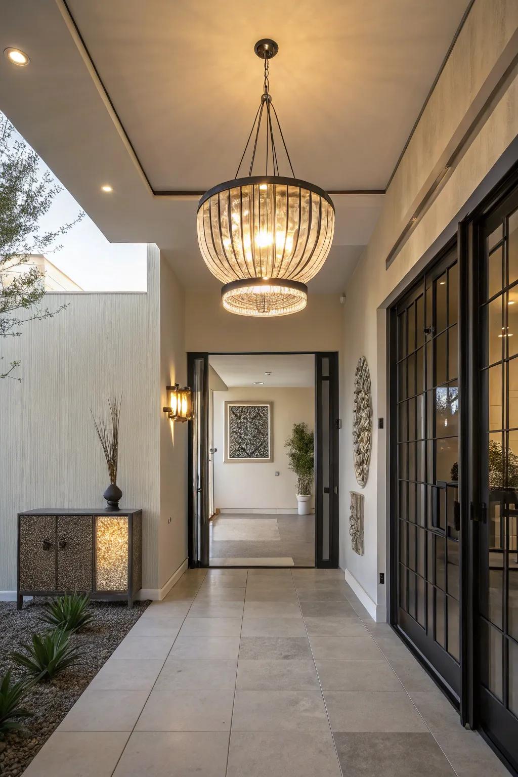 Modern lighting adds ambiance and style to an entryway.