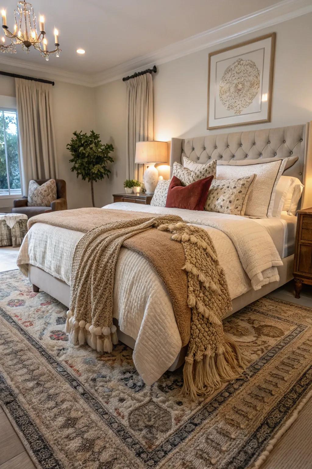 Textured fabrics create a cozy and inviting feel in a farmhouse bedroom.