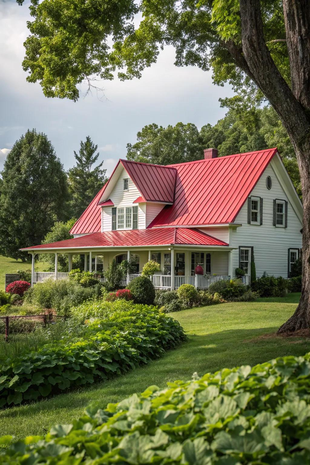 Vibrant allure: A bold red metal roof makes a farmhouse stand out.