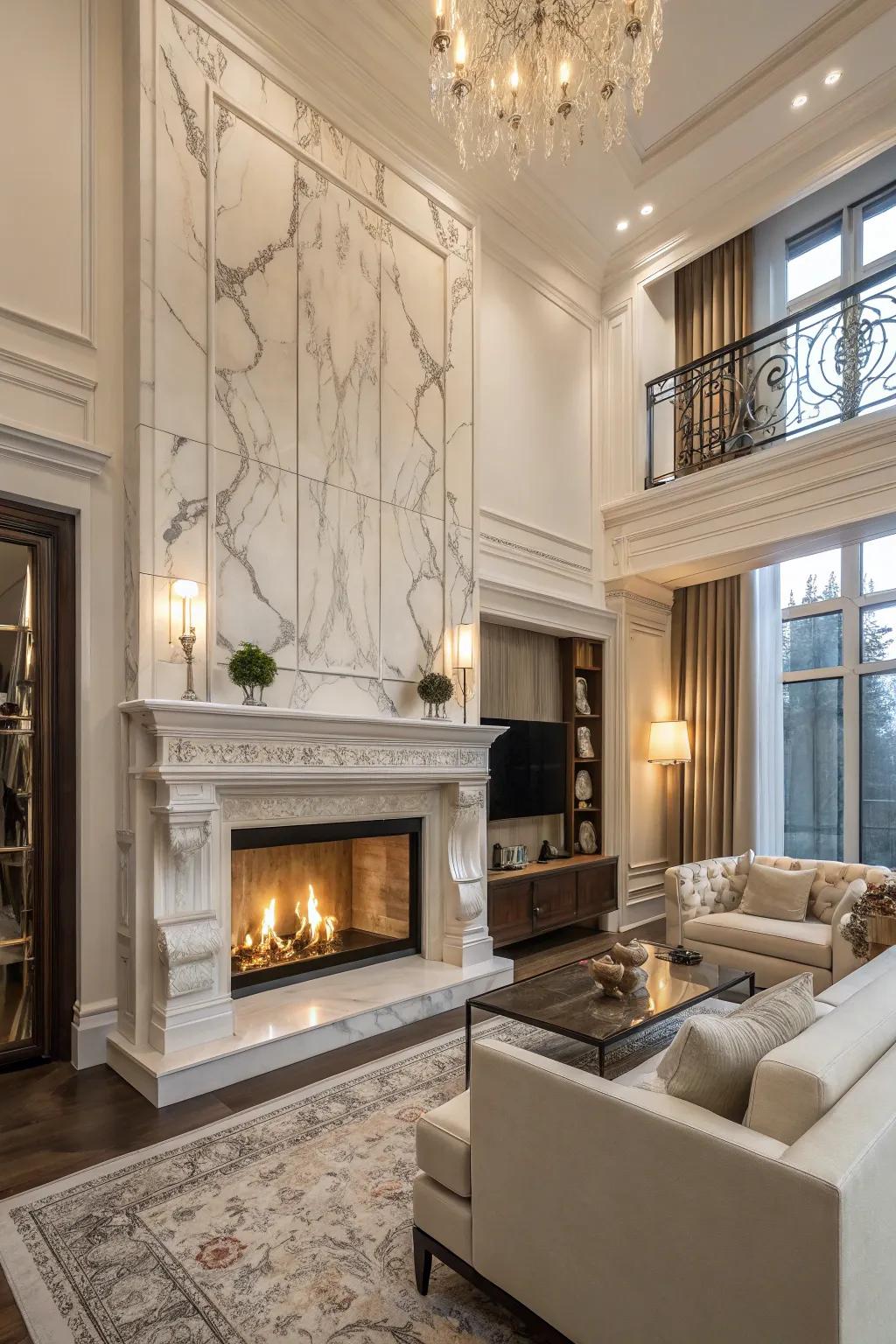 Luxury fireplace with marble tile.