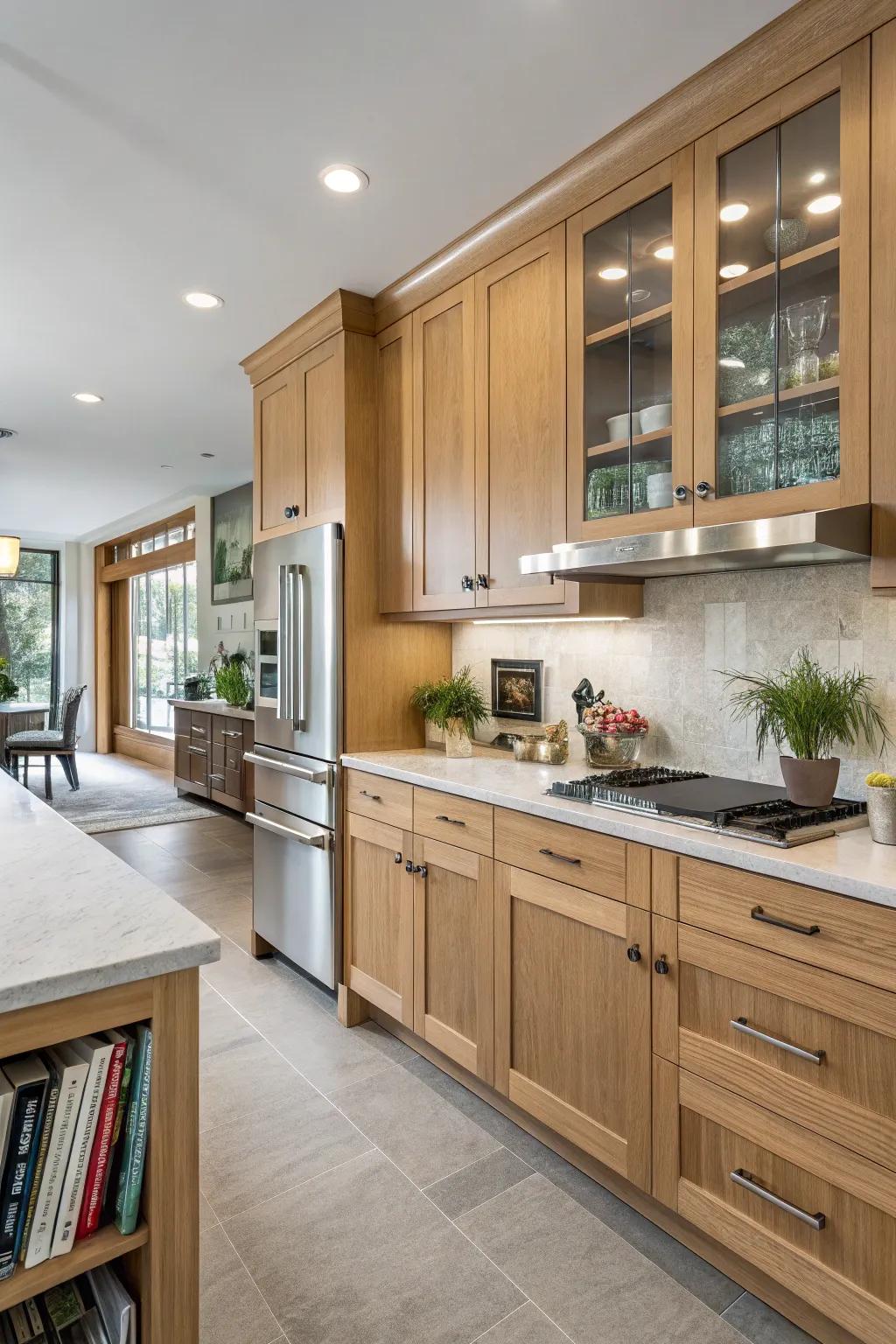 Sleek stainless steel appliances add a modern touch to oak cabinet kitchens.