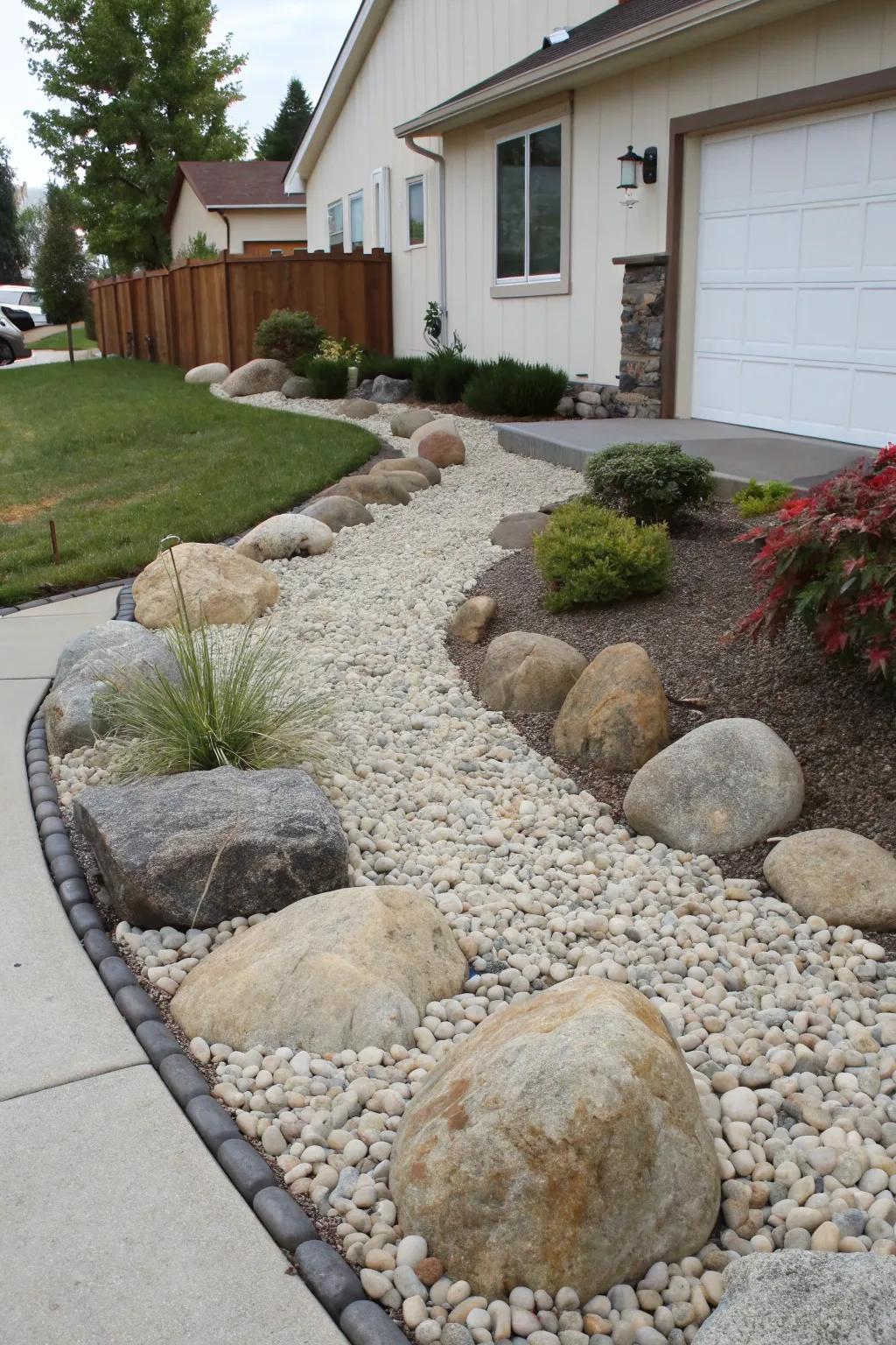 A modern front yard with a gravel bed and large stones for a chic and low-maintenance look.