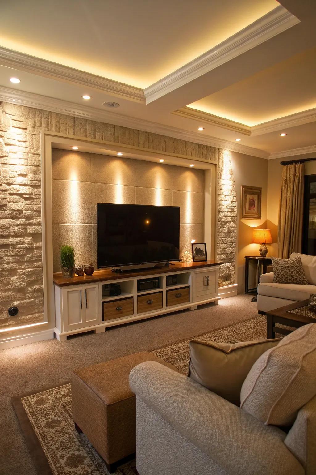 Accent lighting adds a cozy glow to a modern media wall.