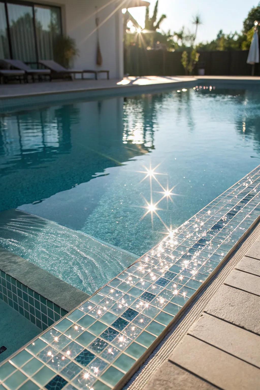 Glass tiles provide a sparkling, reflective surface.