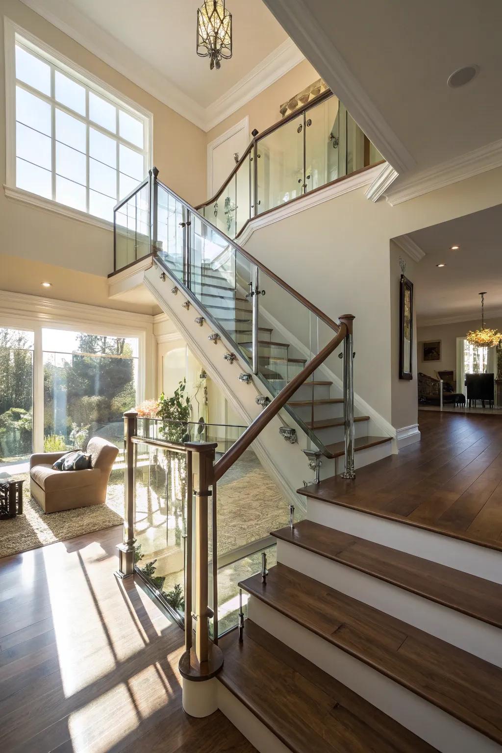 Glass railings enhancing natural light in a modern home.