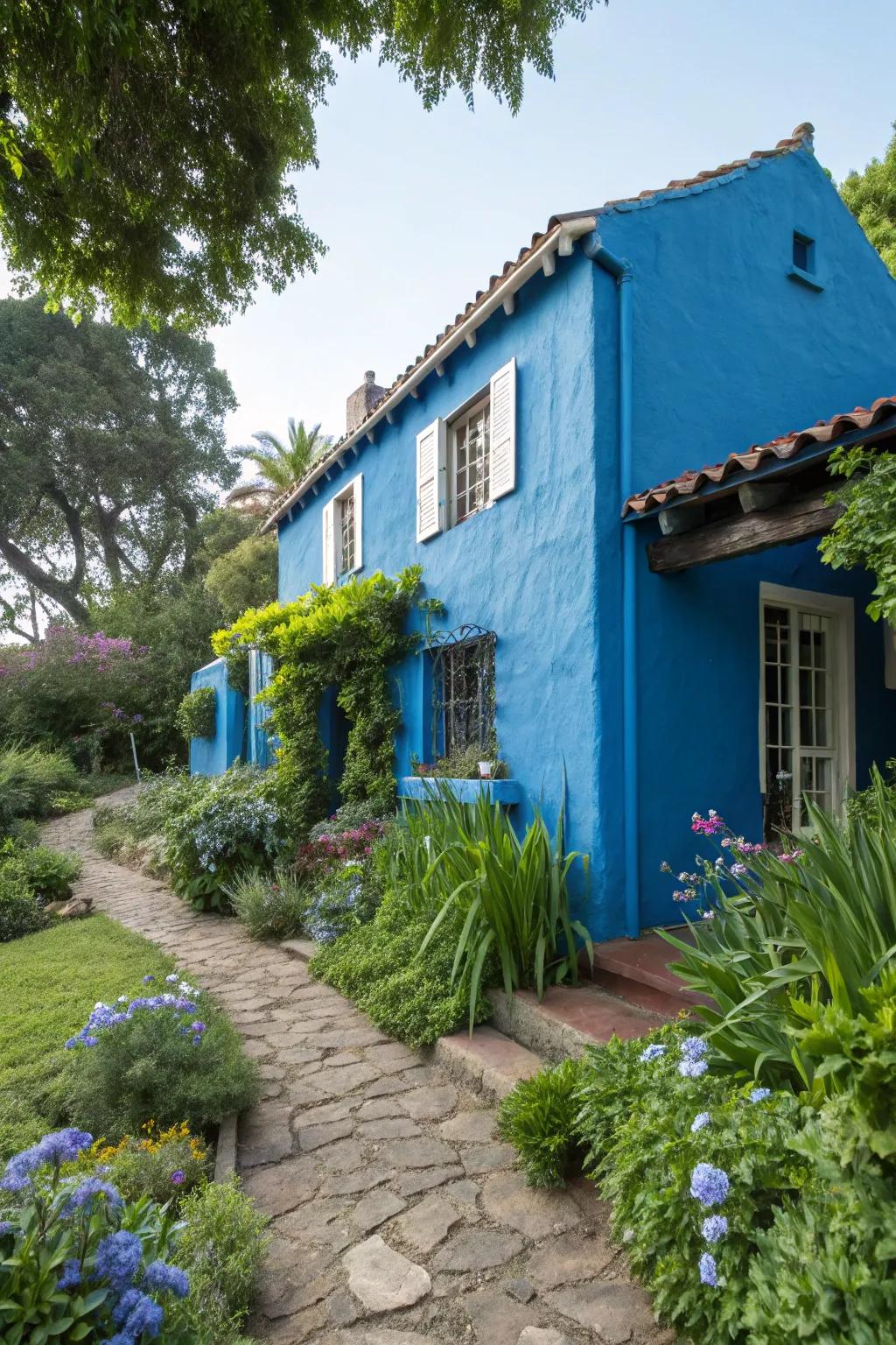 Stucco home in refreshing Mediterranean blue.