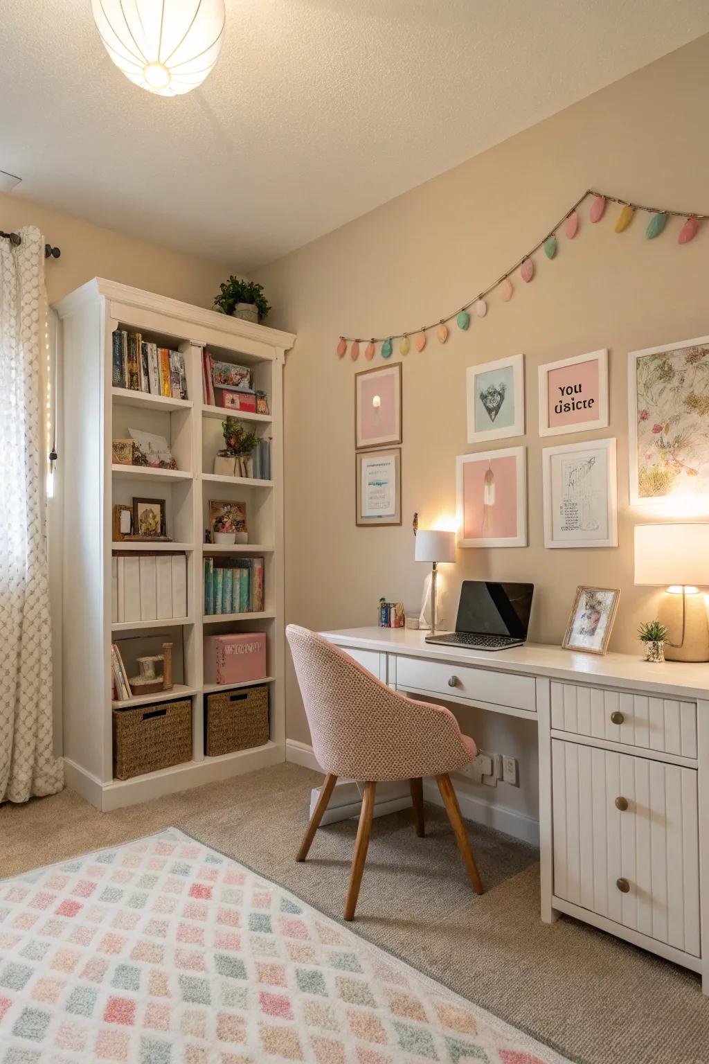 A calming study room with a harmonious neutral color palette.