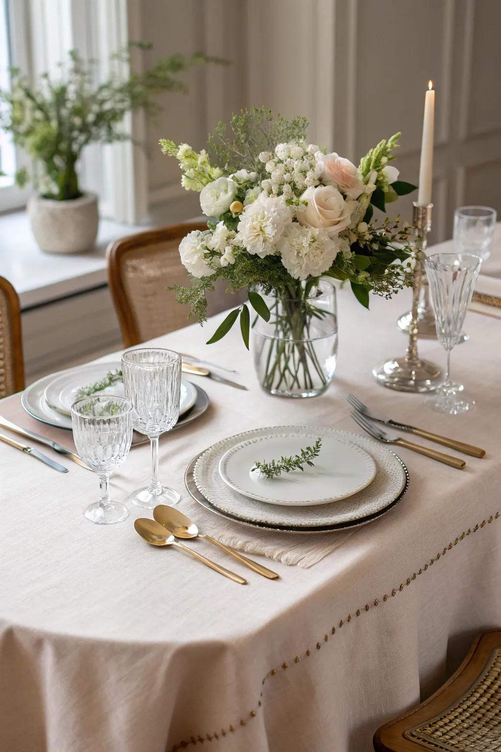 Linen tablecloths add texture and elegance to any dining setup.