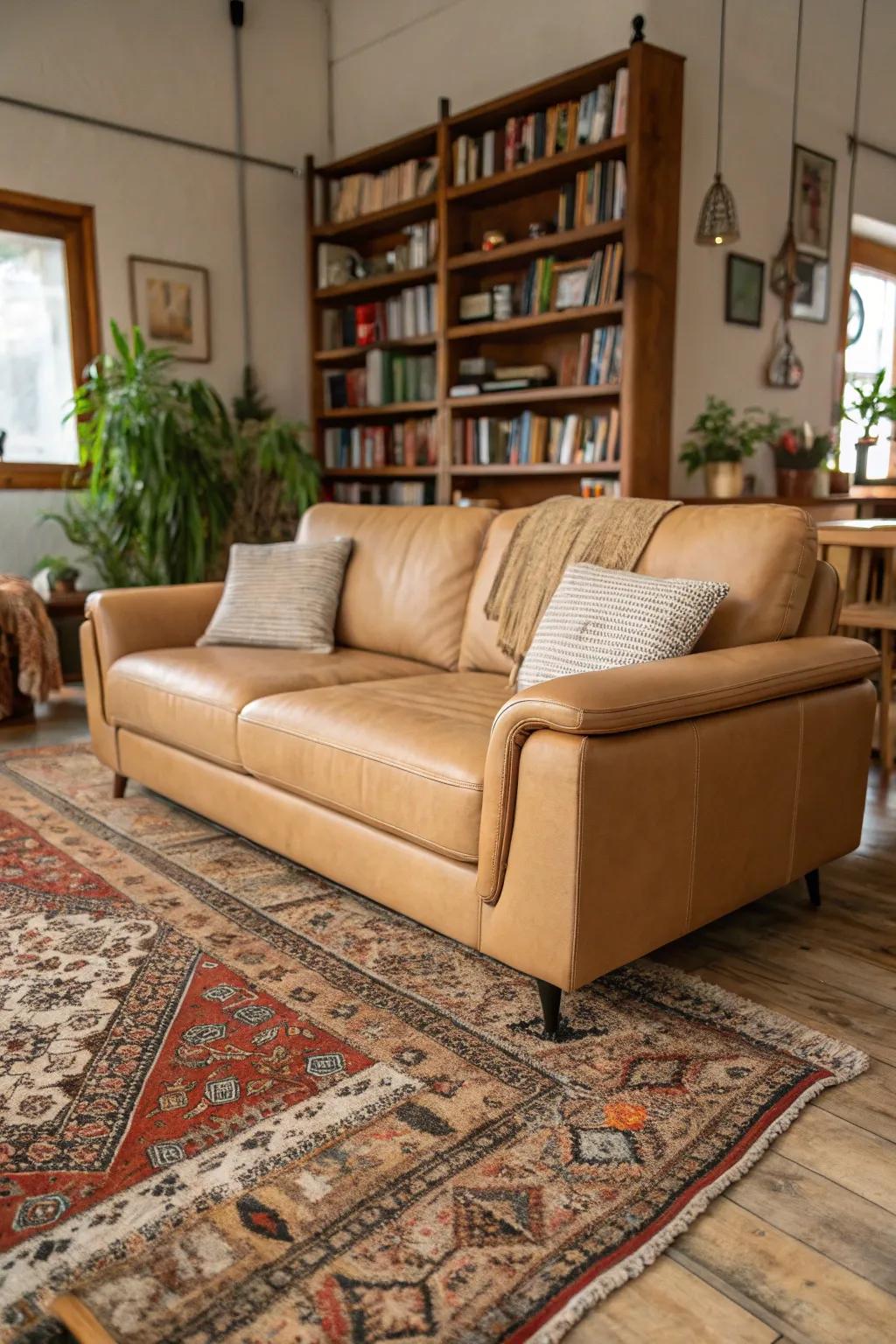 A textured rug enhances the comfort of a tan leather sofa.