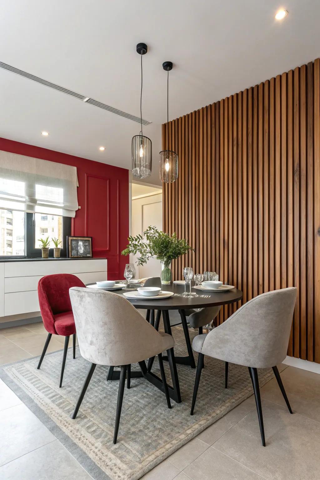 Make a statement in your dining room with a dramatic wood slat accent wall.