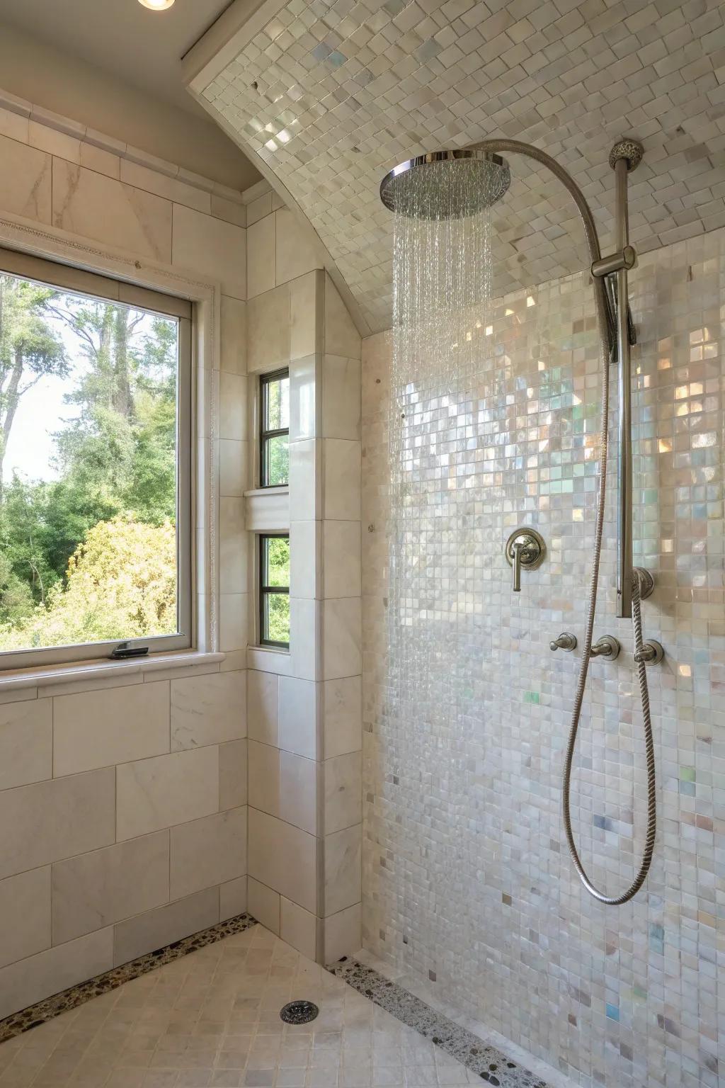 Turn your shower into a luxurious retreat with mother of pearl tiles.