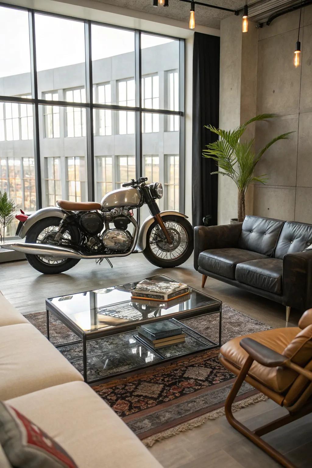 A motorcycle as a bold living room centerpiece.