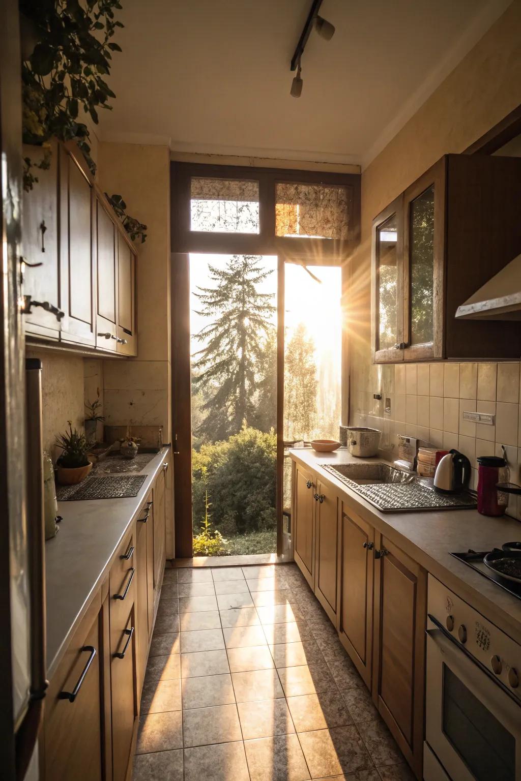 Natural light transforms a narrow kitchen into a bright oasis.