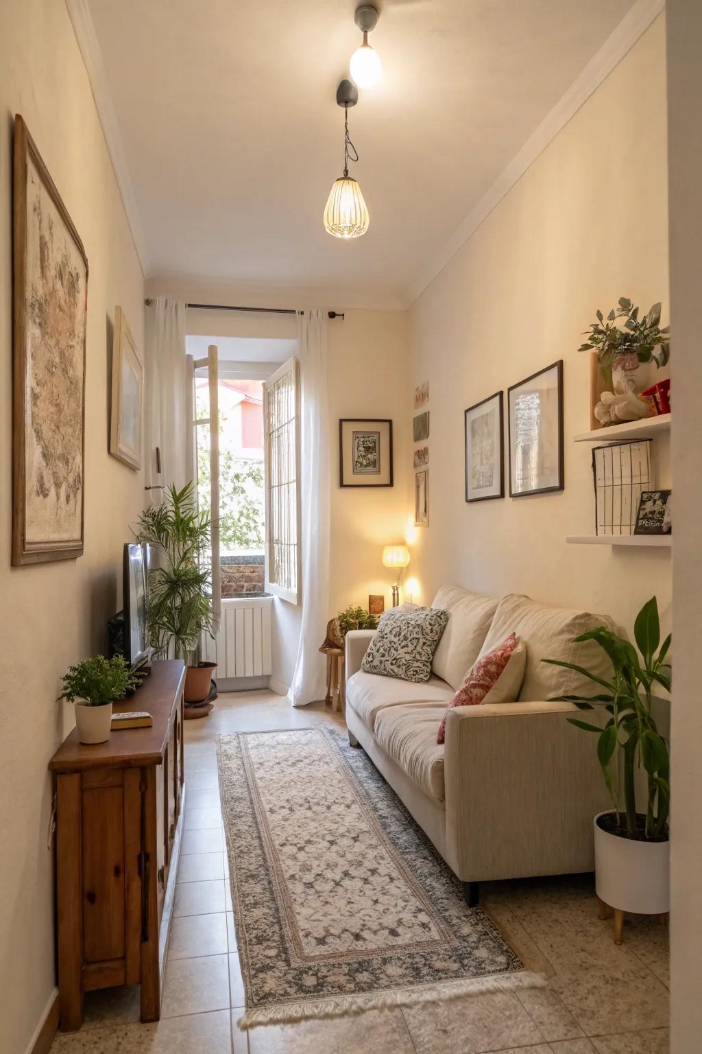 Light colors creating an airy and spacious feel in a narrow living room.