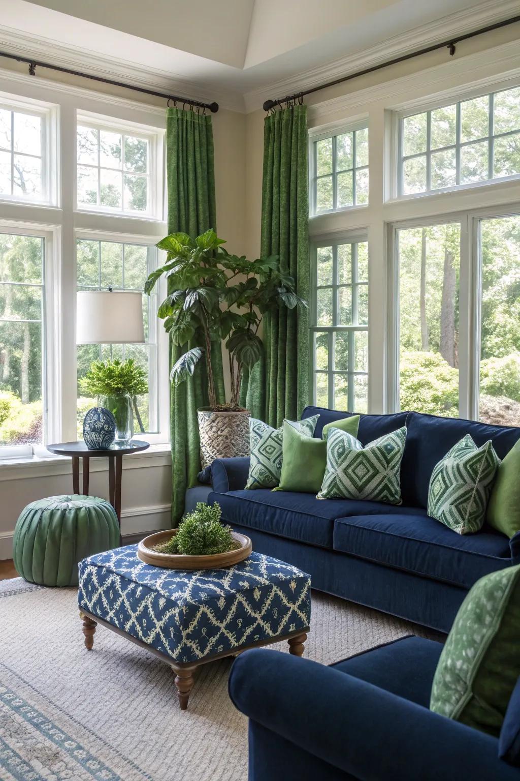 Natural light beautifully highlights navy and green tones in the living room.
