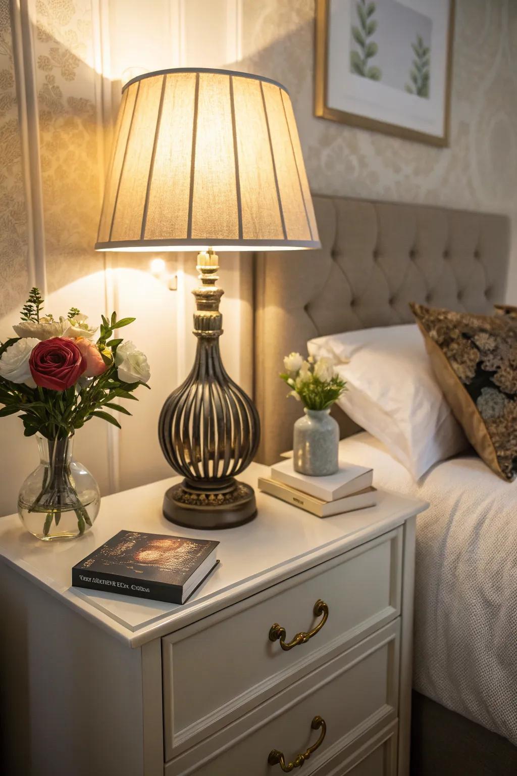 Make a style statement with a uniquely designed lamp on your nightstand.