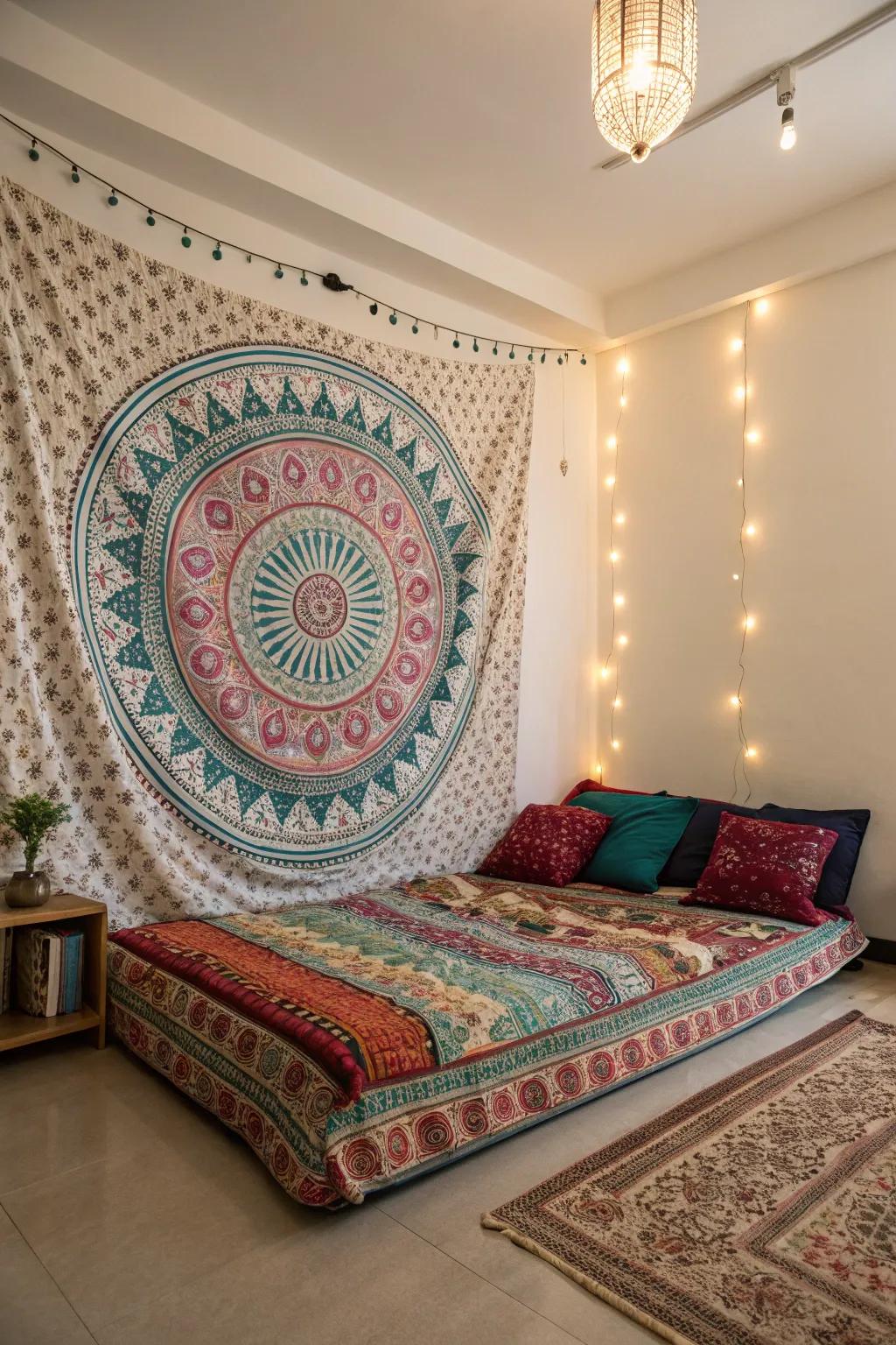 A tapestry serves as a creative alternative to a headboard.