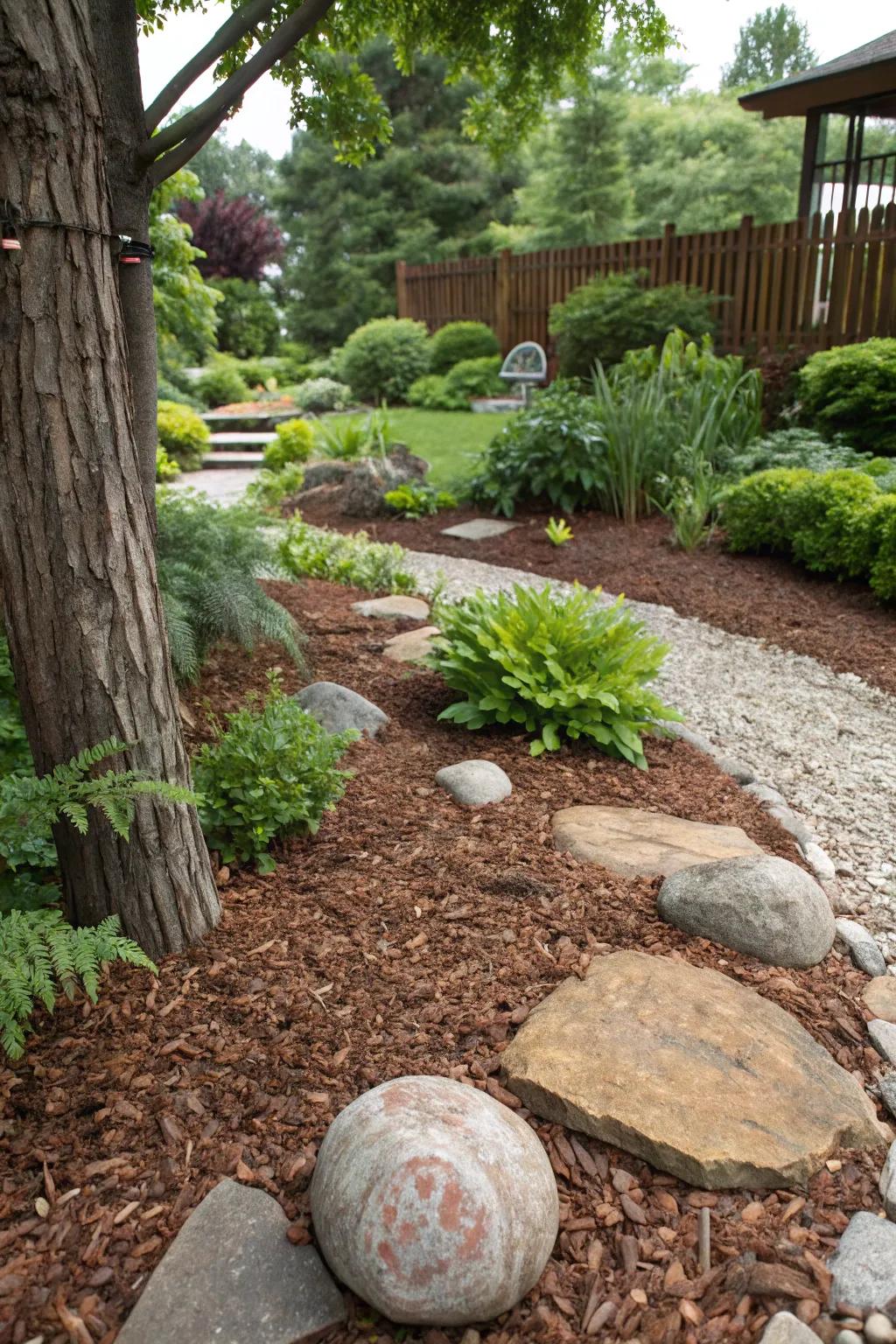 A serene garden with mulch and ground covers for easy upkeep.