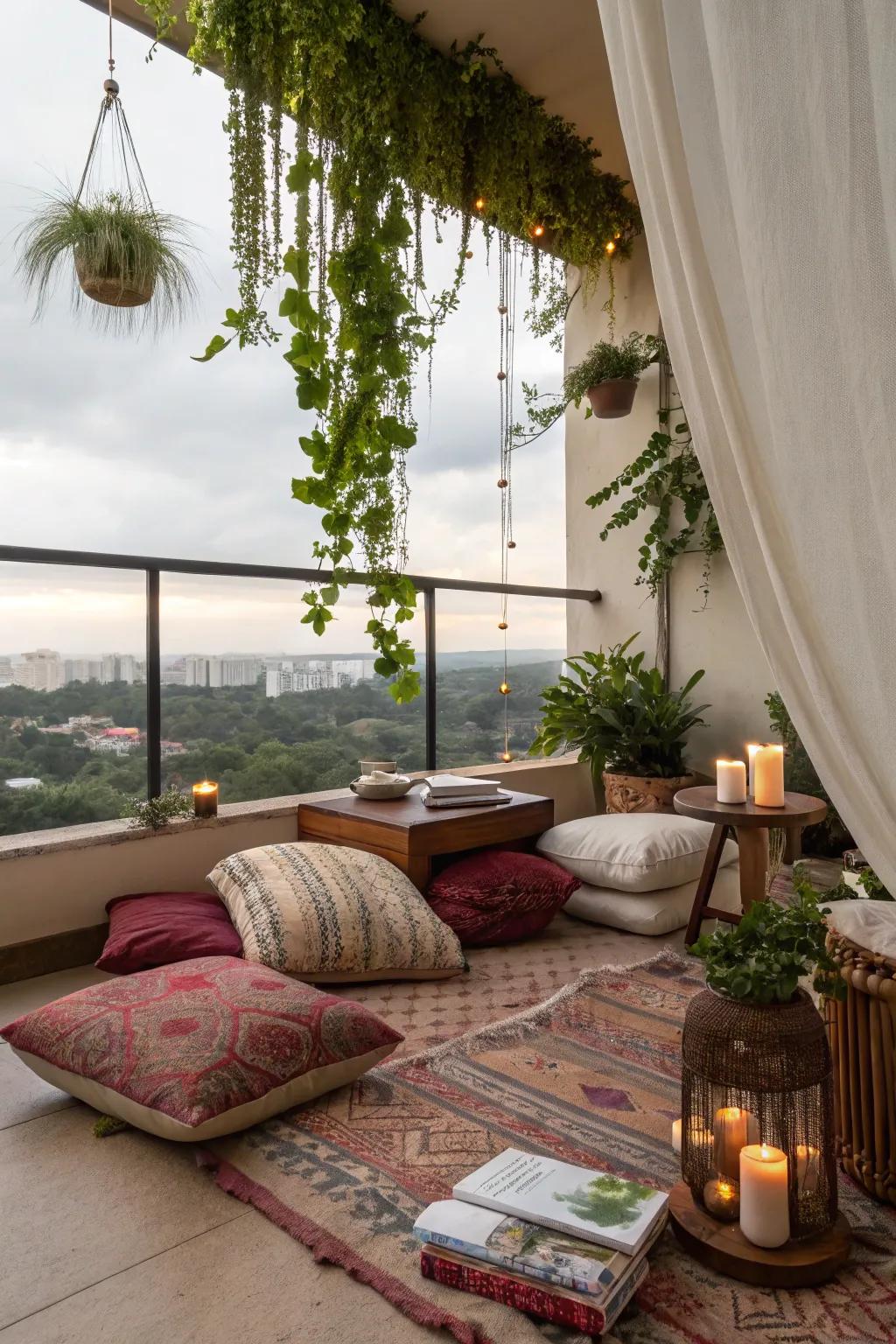 Create a tranquil outdoor nook on your balcony with bohemian flair and greenery.