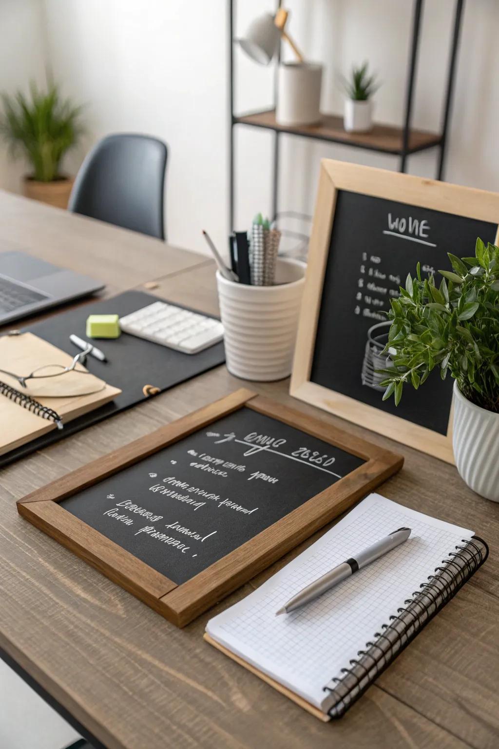 A chalkboard desk turns notes into decor.