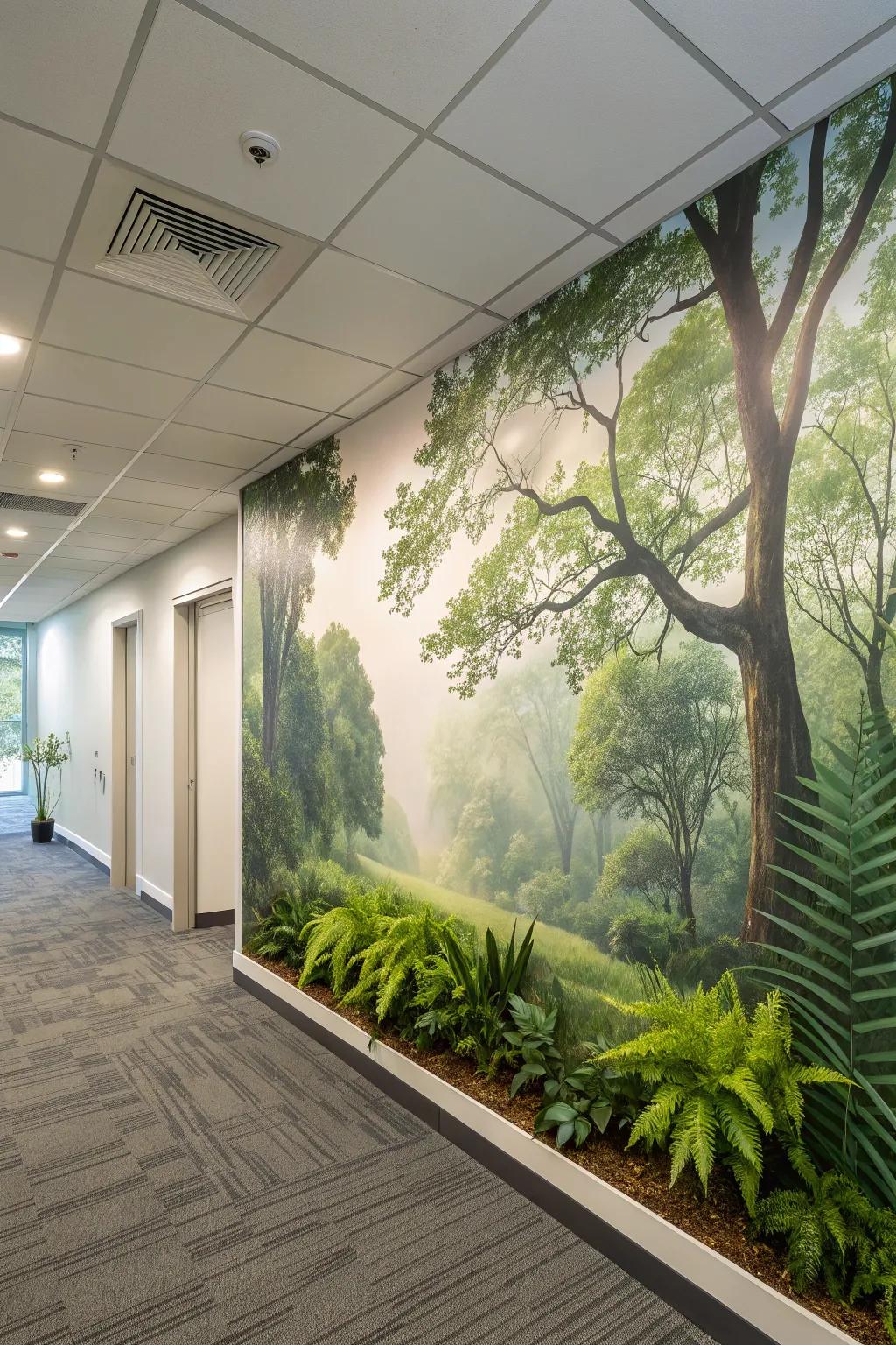 Create a calming office environment with nature-inspired murals.