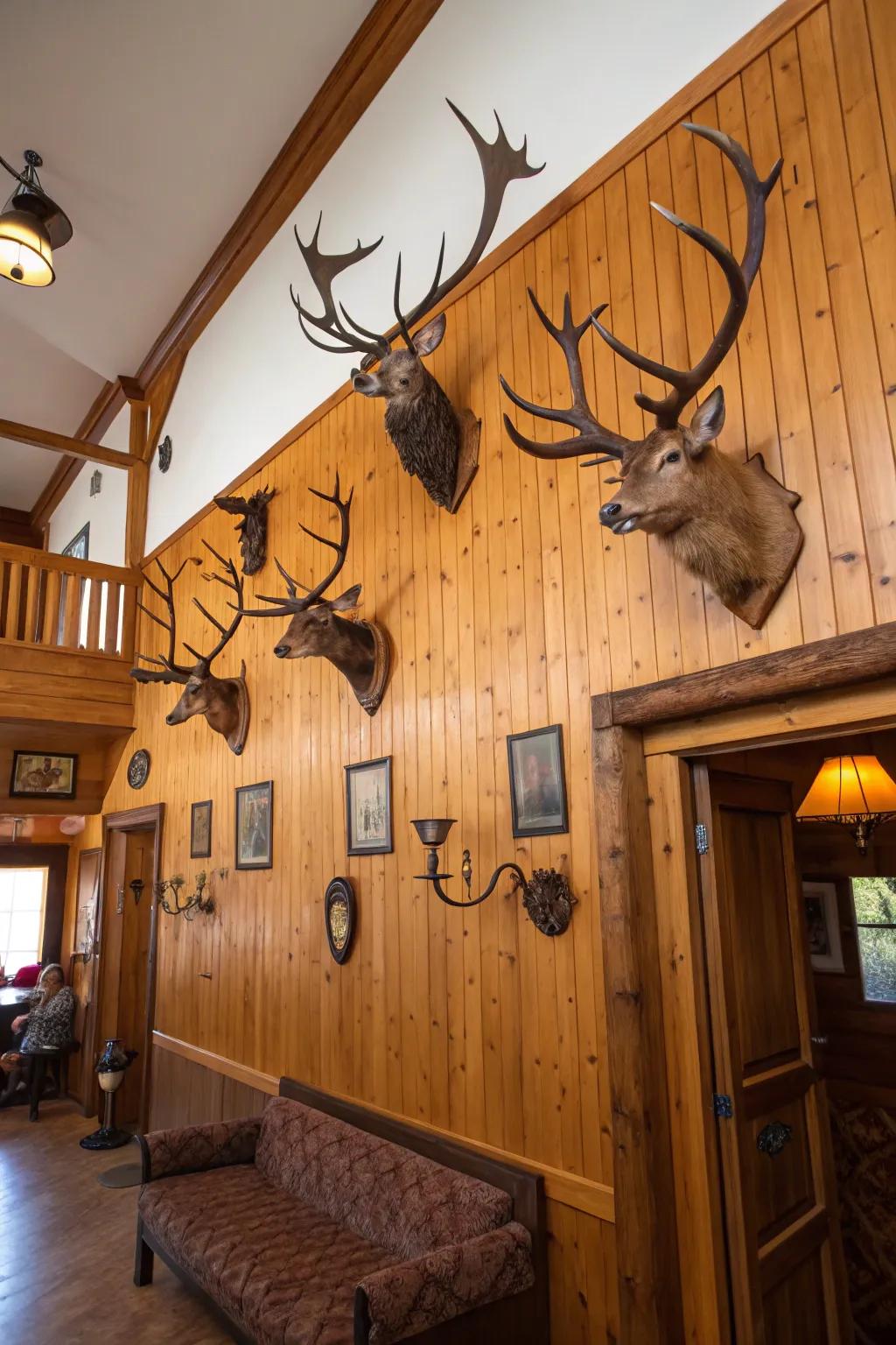 A hunting lodge wall adorned with mounted antlers and animal trophies.